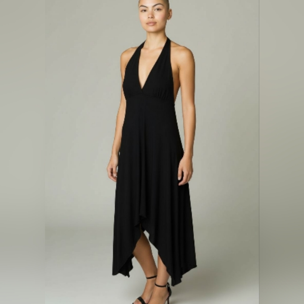 Venus Black Halter Handkerchief Hem Dress Open Back Size M
